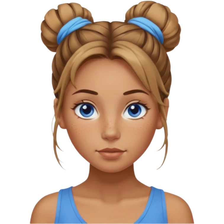 Attractive Woman with tan skin, wide face, freckles, messy bun hairstyle, and blue eyes emoji