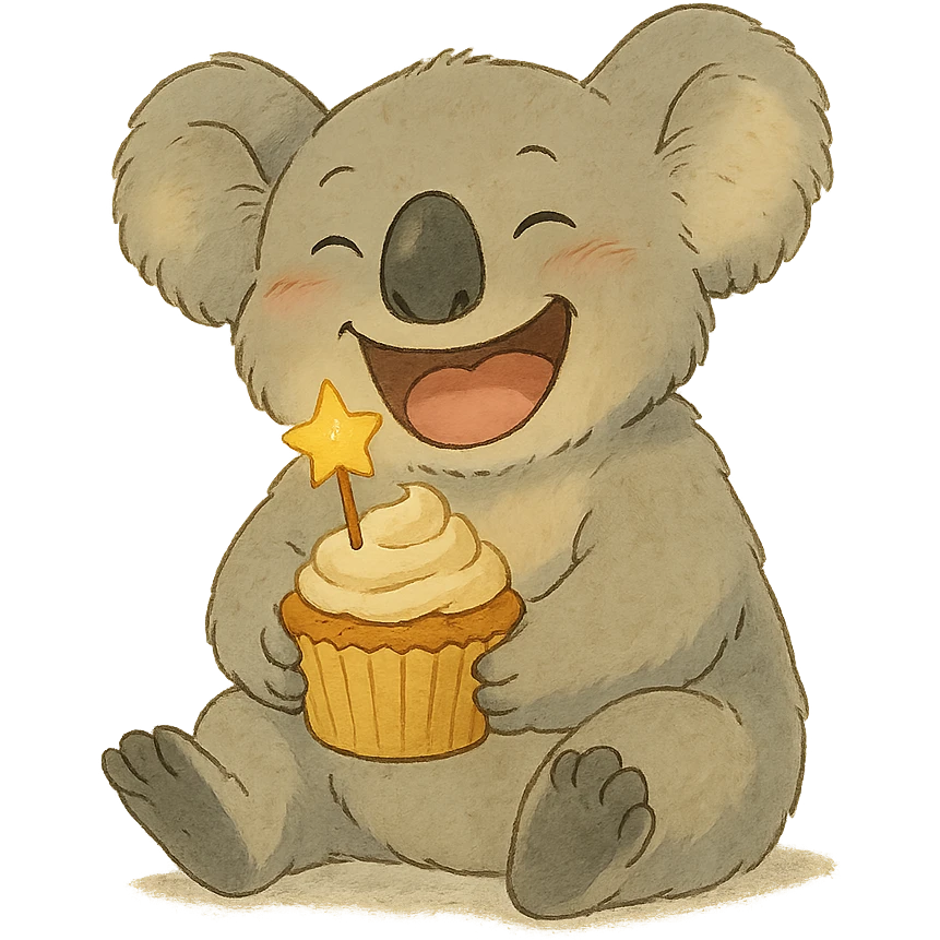 full-body laughing koala holding cupcake with star candle, soft Ghibli style emoji