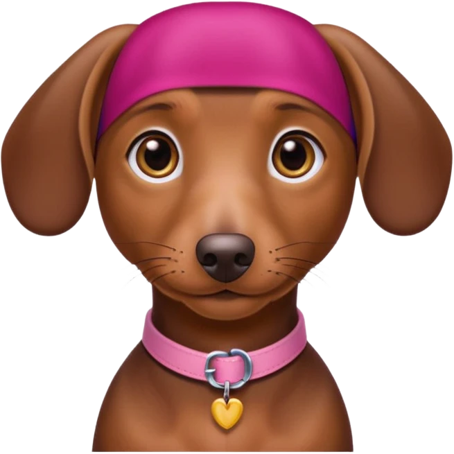 Make a brown short hair dachshund with hazel  eyes and a collar that says the name mocha with a pink band for the collar emoji