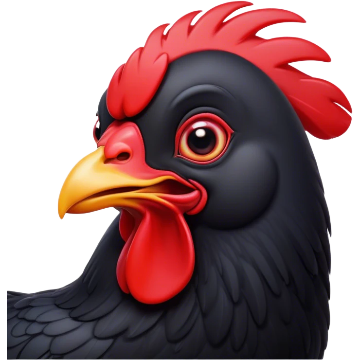 Cinematic Comical Black Chicken Portrait Emoji, Head tilted dramatically with an exaggeratedly amused expression, featuring a sleek, glossy black plumage with a bold red comb, wide, expressive beady eyes filled with playful disbelief, Simplified yet hilariously expressive features, highly detailed, glowing with a slightly sassy glow, high shine, dramatic yet playful, stylized with an air of cheeky mischief, bright and endearing, soft glowing outline, capturing the essence of a spirited and over-the-top chicken, so meme-worthy it feels like it could cluck its way into internet fame instantly! emoji