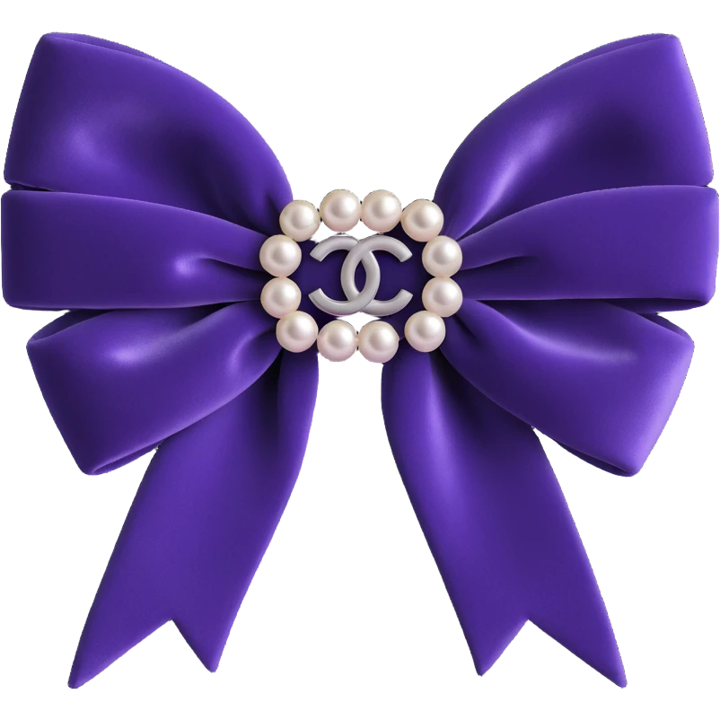 shiny velvet bow with pearls and silver Chanel logo, elegant, glossy, black and white, 3D emoji style emoji