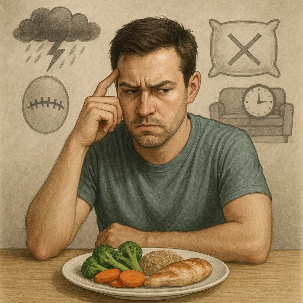 Realistic style illustration of a thoughtful 30-year-old man sitting at a table, looking suspiciously at a plate of vegetables, brown rice, and chicken. Behind him, transparent symbolic elements: a storm above the head representing stress, a sewn mouth representing repressed emotions, a pillow with an X representing insomnia, and a sofa with a clock representing sedentariness. Neutral atmosphere, realistic and symbolic style. emoji