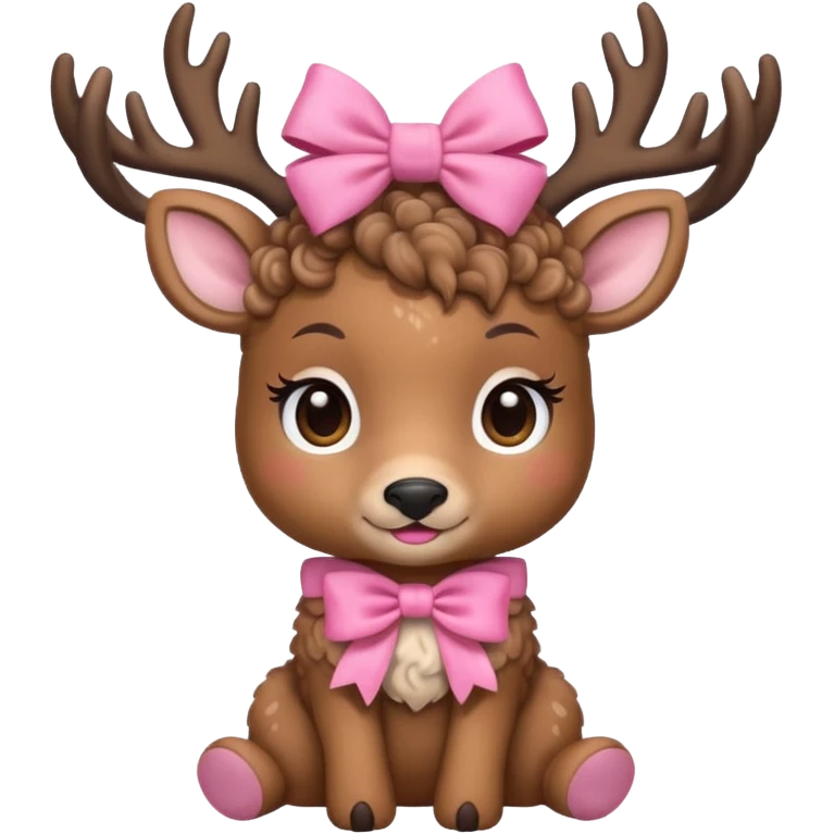 cute deer with curly fur, sitting down, wearing a bow on its head. emoji