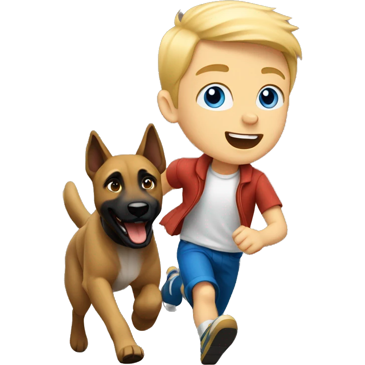 blond boy with blue eyes running with his malinois dog emoji