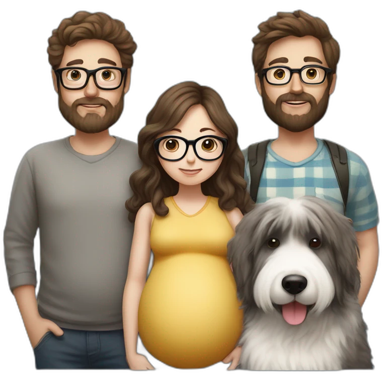 Hyperrealist pregnant girl with half long brown hair with glasses, a boy with long beard, glasses and short hair and english sheepdog emoji