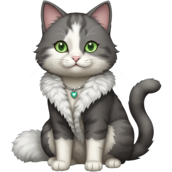 full body view of beautiful female solid dark grey cat with green eyes, white toes/paws and white patch on her chest emoji