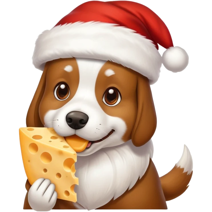Dog eats cheese in Santa's hat emoji