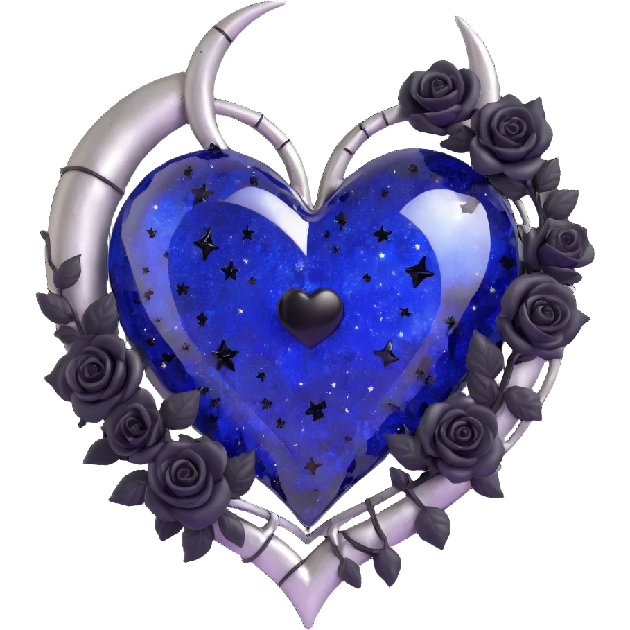 gothic heart made of midnight blue glass with a silver crescent moon, tiny black roses, shimmering stardust, cracked glass texture emoji