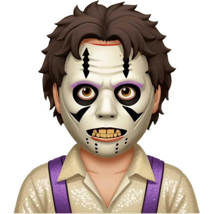 Leatherface with tan mask with dark brown hair, ivory sequin outfit  emoji