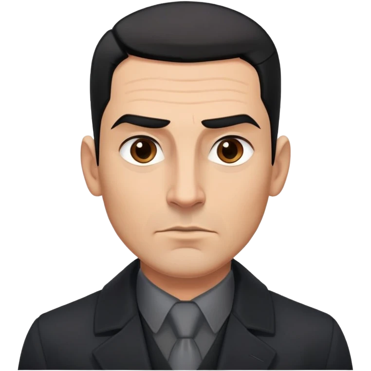 Robust athletic man in his 40s with light brown skin tone, short slicked back straight black hair with fade haircut, strong square face, thick eyebrows, wide nose, black overcoat with buttoned gray shirt visible underneath emoji