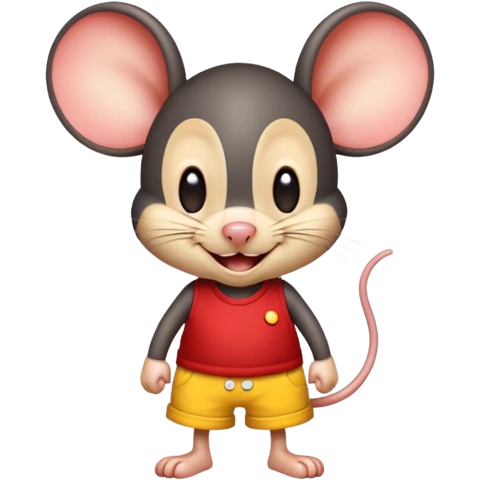 Mouse with big ears red shorts with yellow buttons and a giant smile on its face, black mouse preferably child size with a wink emoji