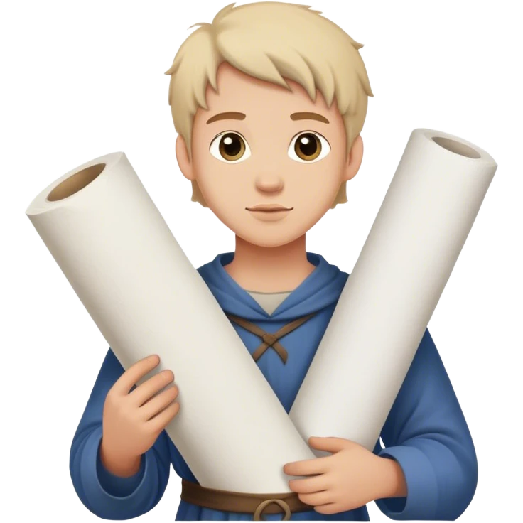 young apprentice painter carrying large rolled up sheets of drawing paper, medieval age emoji