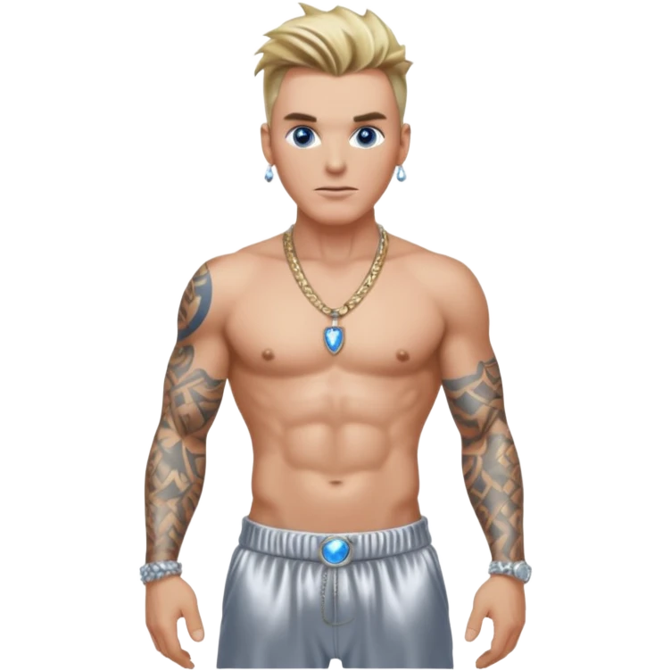 Vanilla Ice with blue eyes, dark blonde hair, shirtless with necklace, metallic silver harem pants  emoji