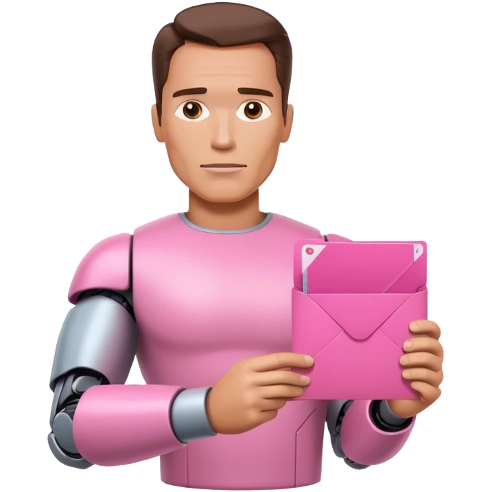 schwarzenegger-looking half robotic half human pink terminator holding pink email envelope emoji