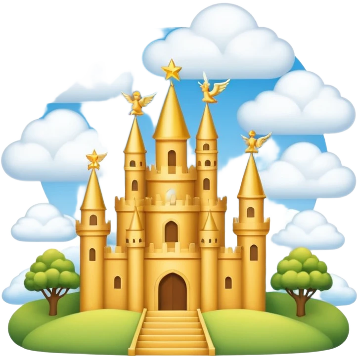 heaven with clouds everywhere, golden castles, and happy angels flying in emoji style emoji