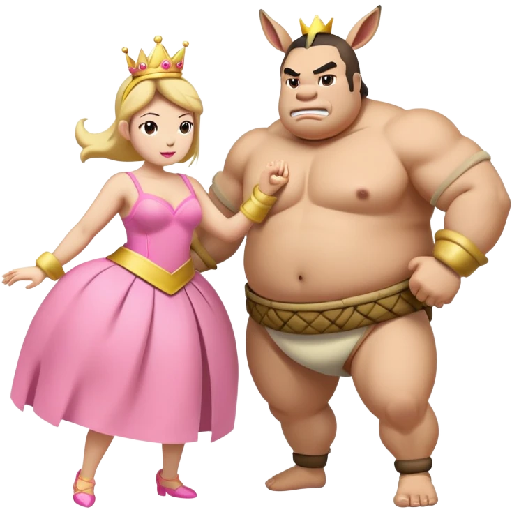 a banana dressed up like a sumo wrestler, fighting a donkey dressed up as a princess  emoji