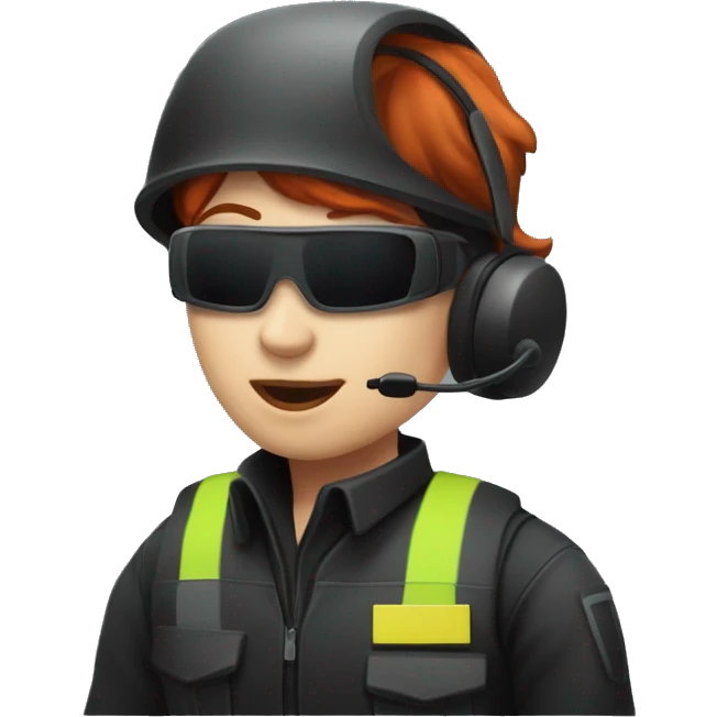 operator dressed in black with a milatary helmet, without glasses, wearing a headset, ready to respond to alerts, preferably red-haired female  emoji