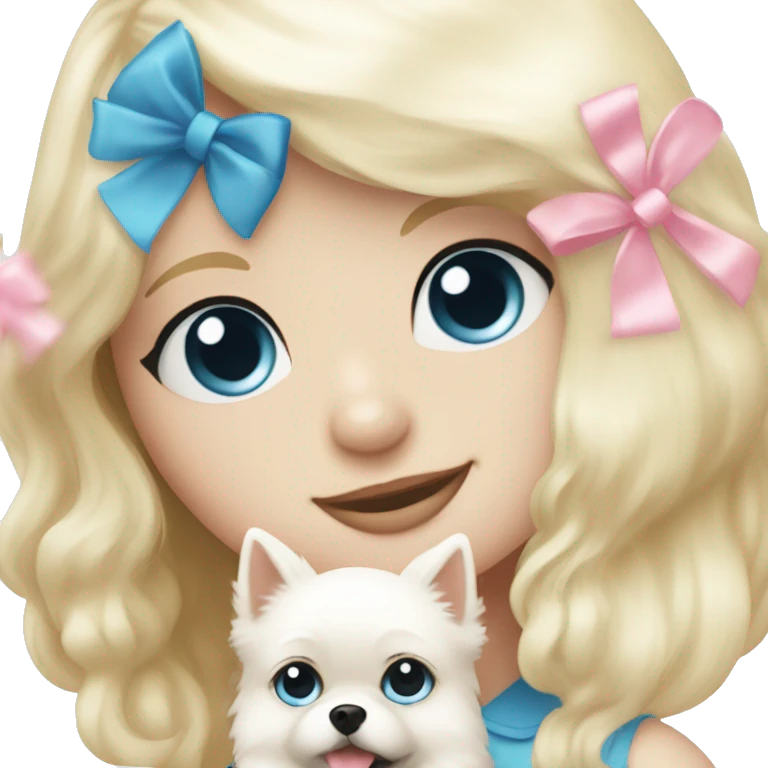 Blond girl white skin blue eyes hugging white Pomeranian with light pink bow emoji