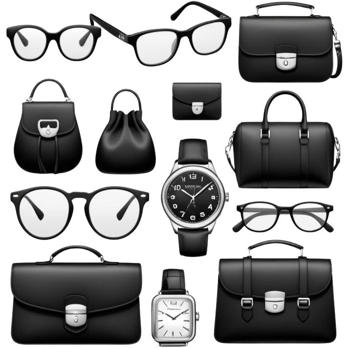 bags and watches, and glasses, all black and white put together like a bundle with no face, all luxury items emoji
