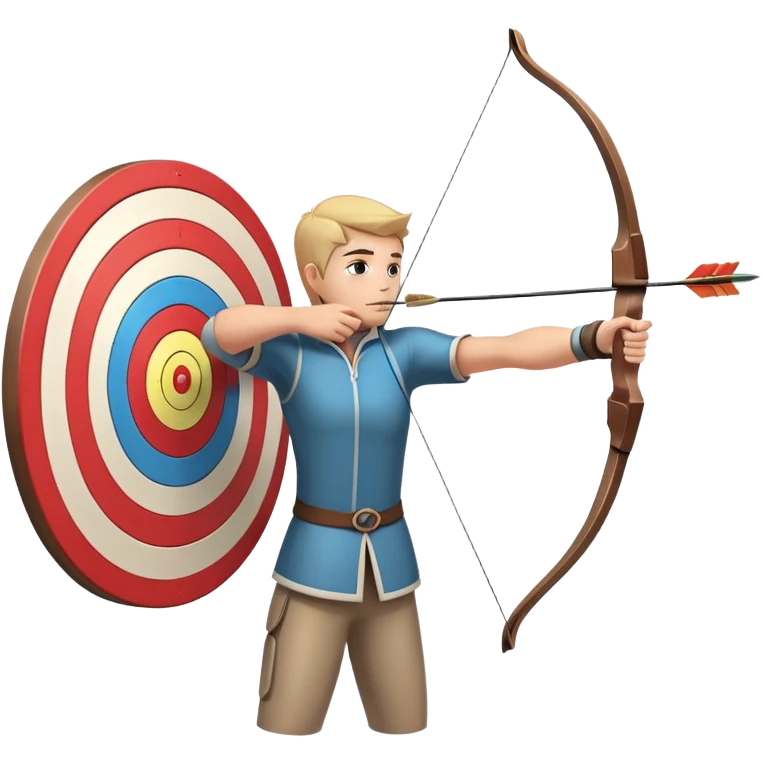 An archer drawing a bow and aiming an arrow at a target, with perfect focus and precision. The target is visible in the background, featuring concentric rings. The scene captures the concentration and skill involved in archery, emphasizing the elegance and accuracy of the sport. emoji