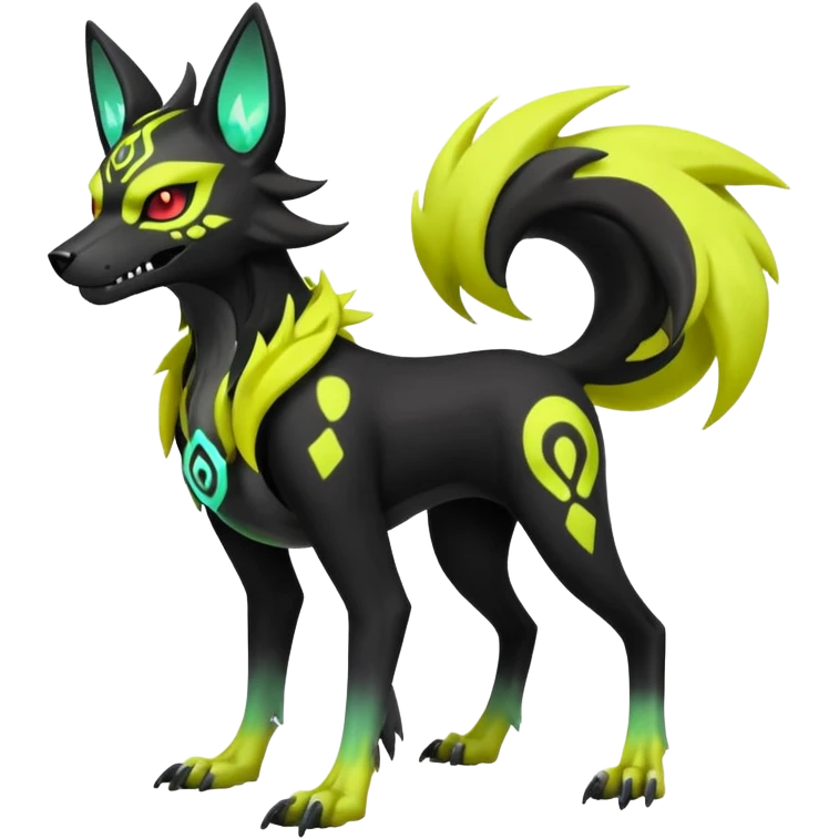 Cool handsome demonic skeletal black and neon green and neon yellow futuristic shiny colorful bioluminescent cyber-Poochyena-Lycanroc-Zorua-Litten-Houndoom-Fakémon-Pokémon-Digimon-hybrid-fusion (full body) with a skull face emoji