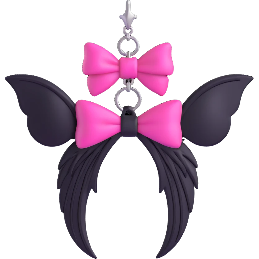 3D emoji style pink bow with gothic effect, hot pink velvet, black chain fringe, silver bat wing charm emoji