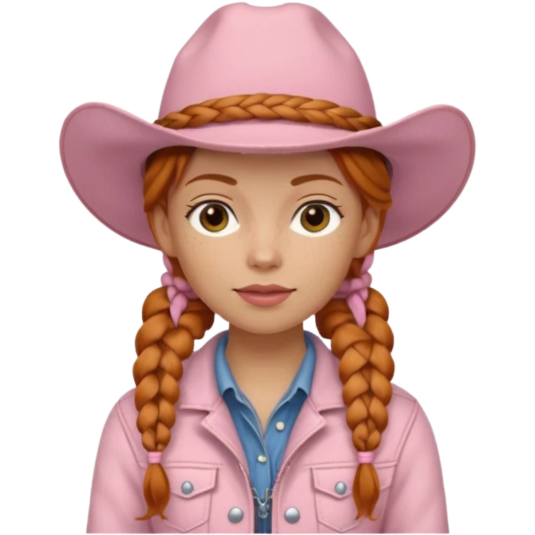 Ginger cowgirl with two braids and soft pink hat and jacket emoji