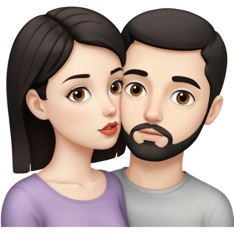 beautiful pale brunette girl with brown eyes kisses pale man short black hair small beard grey eyes emoji