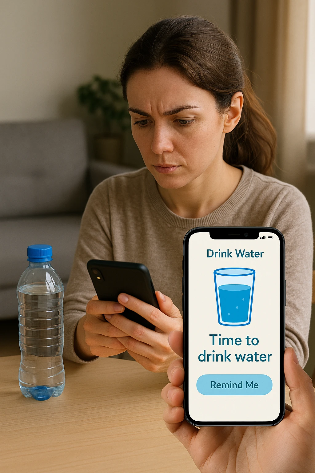 Donna che usa App per ricordarsi di bere, altrimenti non beve mai emoji