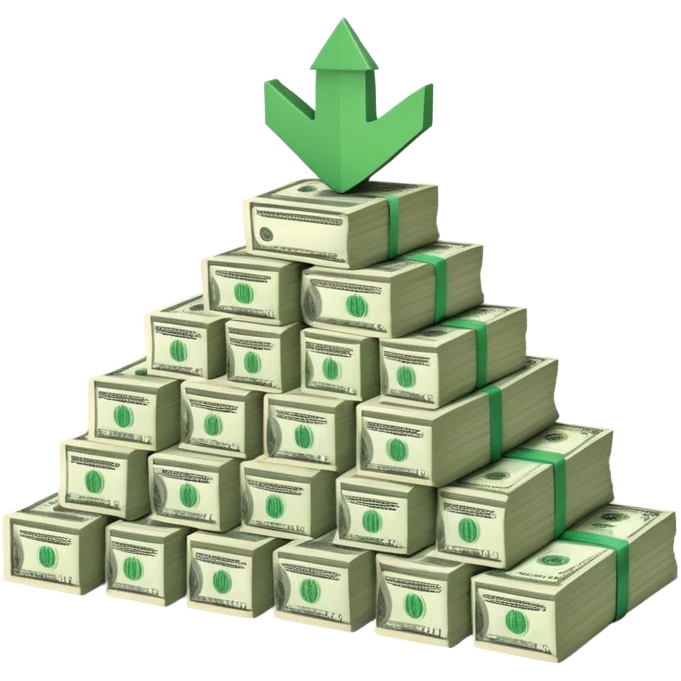 upward arrow next to gradually increasing stacks of dollar bill bundles, showing financial growth emoji