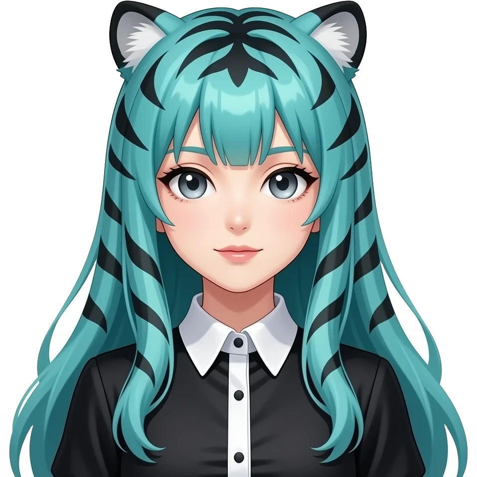 anime girl, tiger stripes long flowing teal hair, grey eyes, black shoulder cyberpunk blouse with fancy white collar emoji