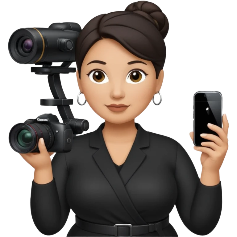 middle aged, latina plump woman photographer with dark hair, slicked back in a bun, wearing black clothes, carrying a canon r5, and an iPhone on a gimbal emoji
