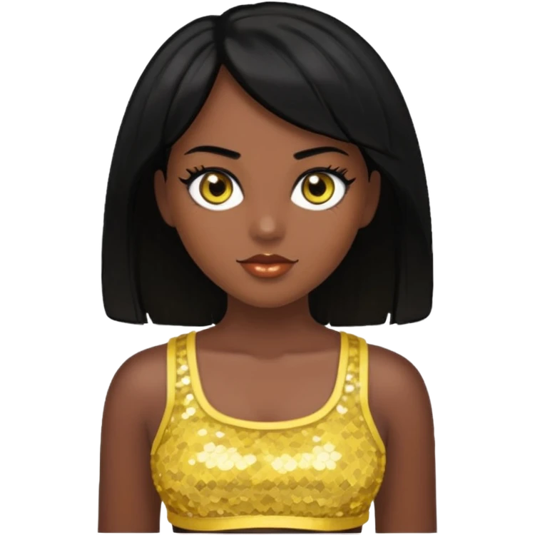 Christie from Barbie & Friends with brown eyes, black hair, yellow sequin crop top, dark skin emoji