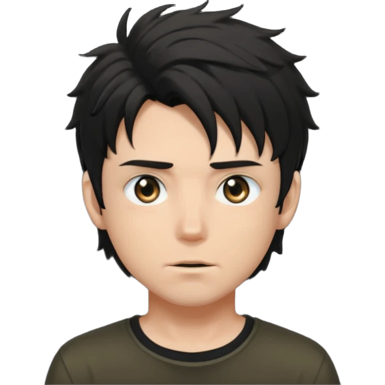 White male, black messy anime hair in his eyes, black shirt, black hunter eyes, hot  emoji