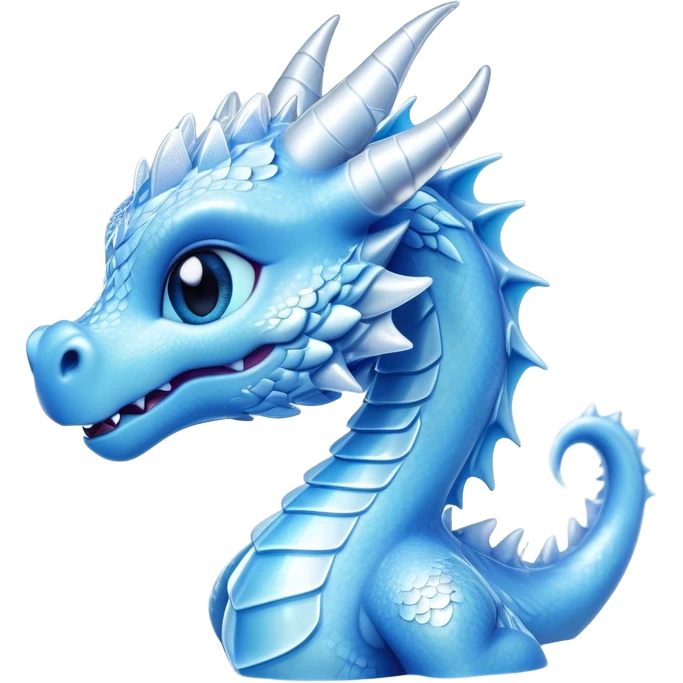 Cinematic Cute Beautiful Ice Dragon Portrait Emoji, Head tilted playfully and inquisitively, featuring a sleek, glacial form with intricately detailed, frost-kissed scales in shimmering blues and sparkling silver, accented by delicate ice crystal patterns and a gentle, enchanting glow; rendered with lifelike clarity and soft, natural light, high shine, charming and cool, styled with a touch of wintry fantasy, soft glowing outline, capturing the essence of a mischievous yet endearing ice guardian poised to twirl playfully into your dreams! emoji