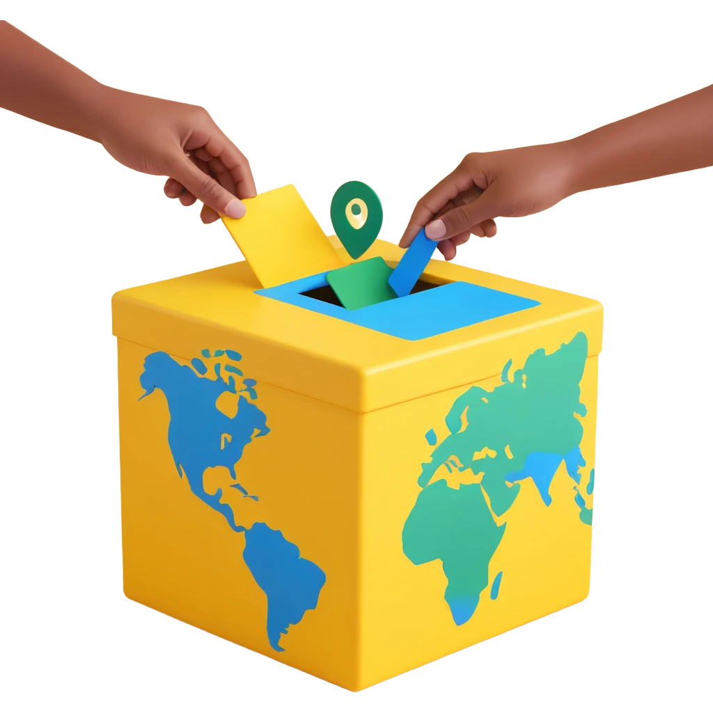 3D illustration of two hands gently placing a simplified Earth with green continents and blue oceans into a warm yellow ballot box, playful style, bold lines, soft textures emoji