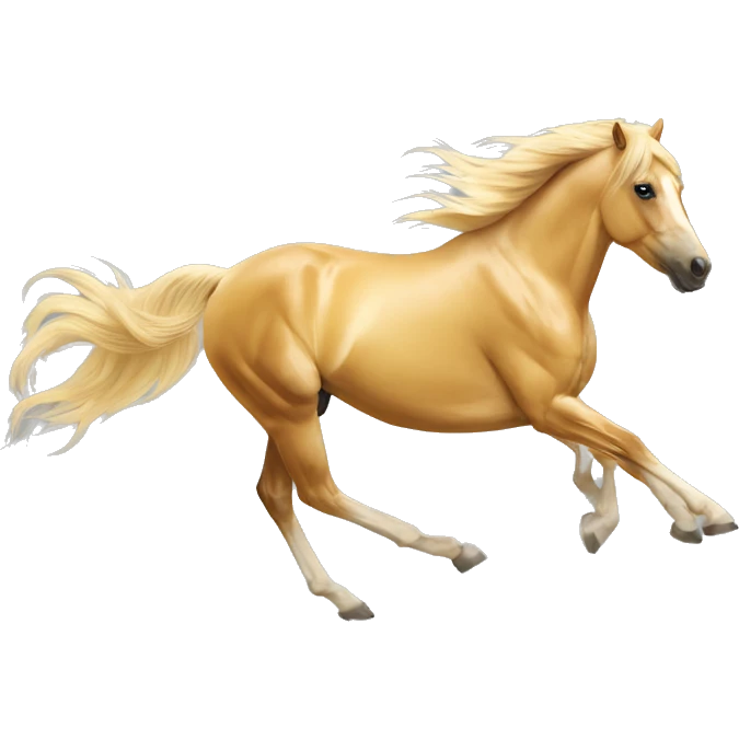Yellow palomino horse with long flowing mane galloping with prosthetic leg, slender horse, solid yellow horse, running, yellow horse galloping with prosthetic leg, pretty horse emoji