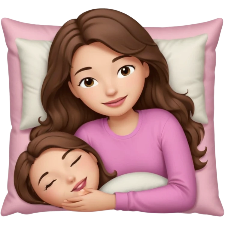 girl with wavy long brown hair, brown eyes, light to medium complexion, long lashes, light pink lipstick, smiling, wearing light pink shirt, sleeping on a cozy pillow emoji