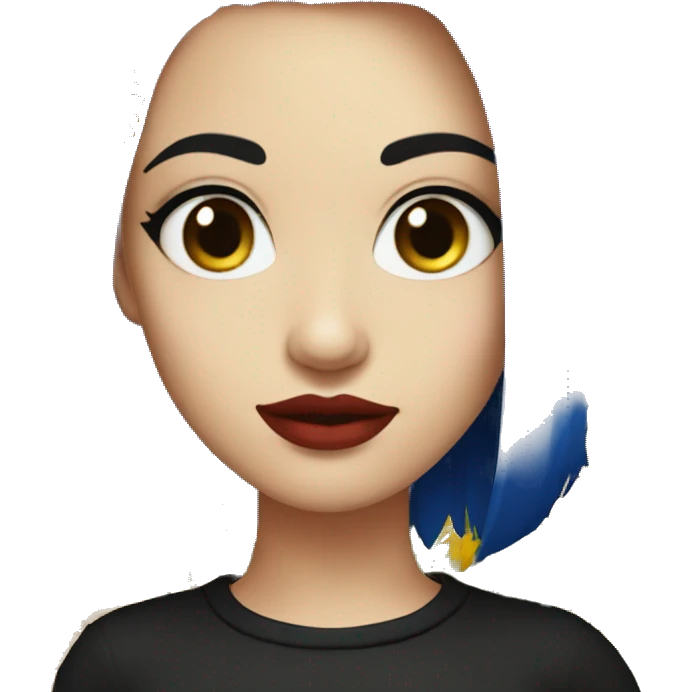  female emoji with dark blue hair, nose piercing, sunflower colored eyes, white skin, red lips, wearing black shirt  emoji
