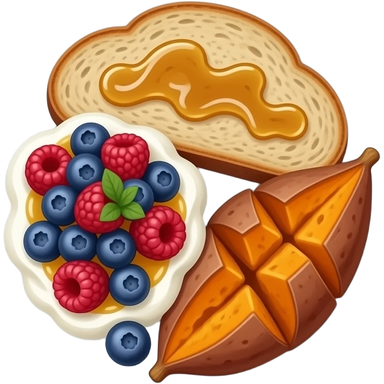Realistic Plate with greek yogurt bowl topped with blueberries raspberries and maple syrup and sourdough slice topped with olive oil and a sweet potato on the side HD emoji