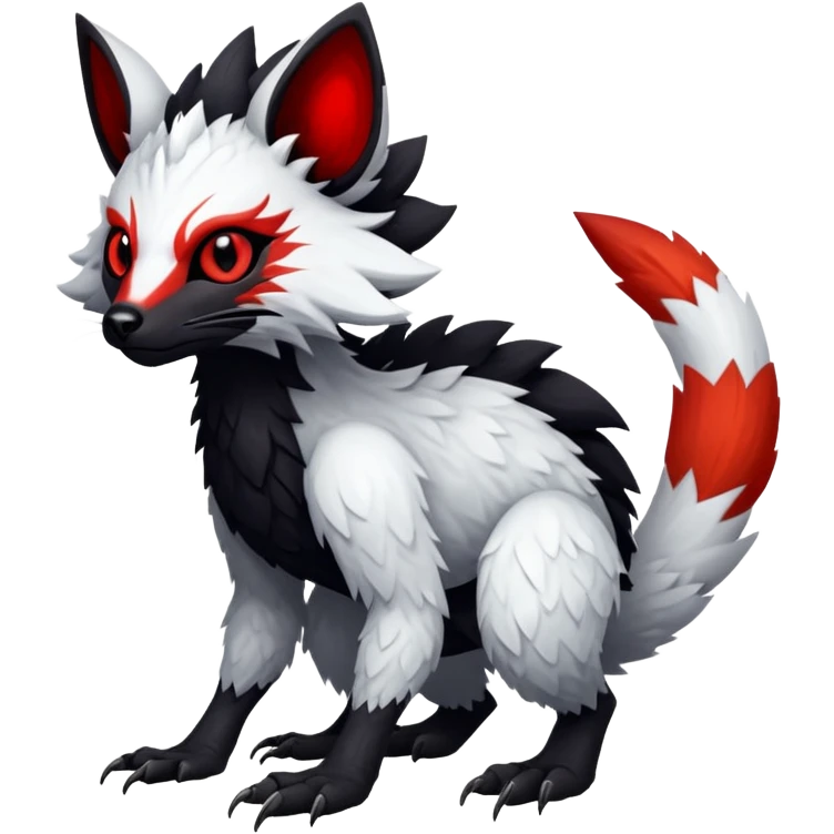 a white exotic edgy vernid-fionbr-Fakémon-creature, with black belly and red eyes, full body emoji