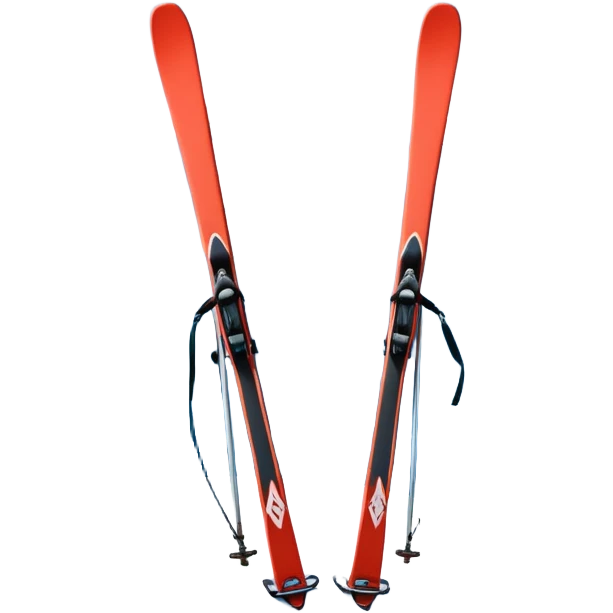 An icon featuring a pair of skis and ski poles in the foreground, set against a picturesque snow-covered slope. The background includes snowy peaks and evergreen trees, symbolizing the excitement and beauty of winter sports. Transparent background highlights the thrill of skiing and snowboarding. emoji
