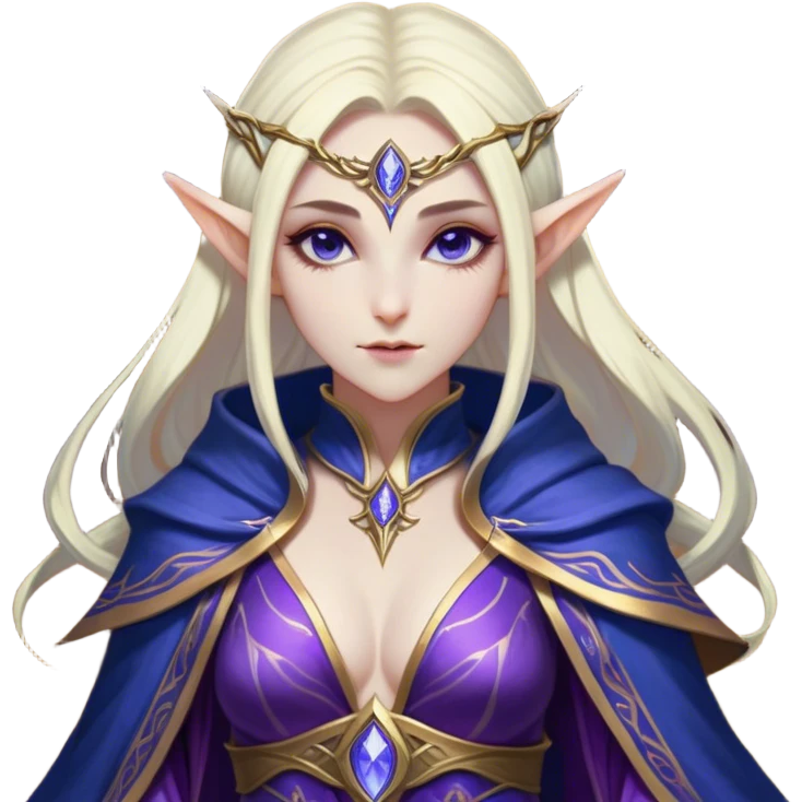 Cinematic Realistic WoW Elf Mage Portrait, head tilted epicly and inquisitively, showcasing a commanding presence and graceful arcane power. Her luminous, porcelain-like skin and delicate features, framed by an intricately detailed robe in deep blues and purples with golden accents, are rendered with lifelike clarity and dramatic, mystical lighting, high shine, epic and awe-inspiring, embodying the timeless magic of an elven mage poised to reshape destiny. emoji