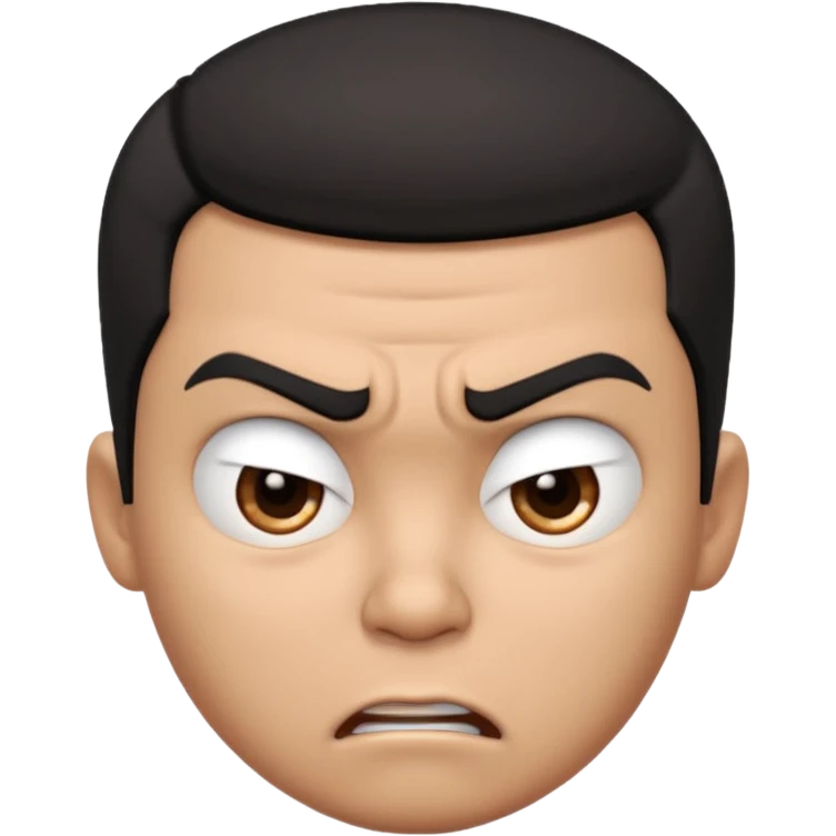 Create a 3D cartoon-style boy character with light brown skin, short straight black hair swept to one side covering part of his forehead, and an angry or annoyed expression. Sharp eyebrows, narrowed eyes, and lips pressed in irritation. emoji