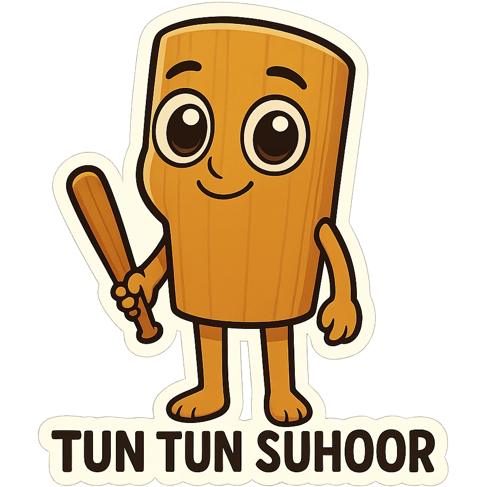 Chibi emoji of Tun Tun Suhoor, wooden stick body, smooth brown texture, big cartoon eyes on the stick, small smile, human arms and legs, holding a wooden bat, absurd and funny meme style, no text emoji