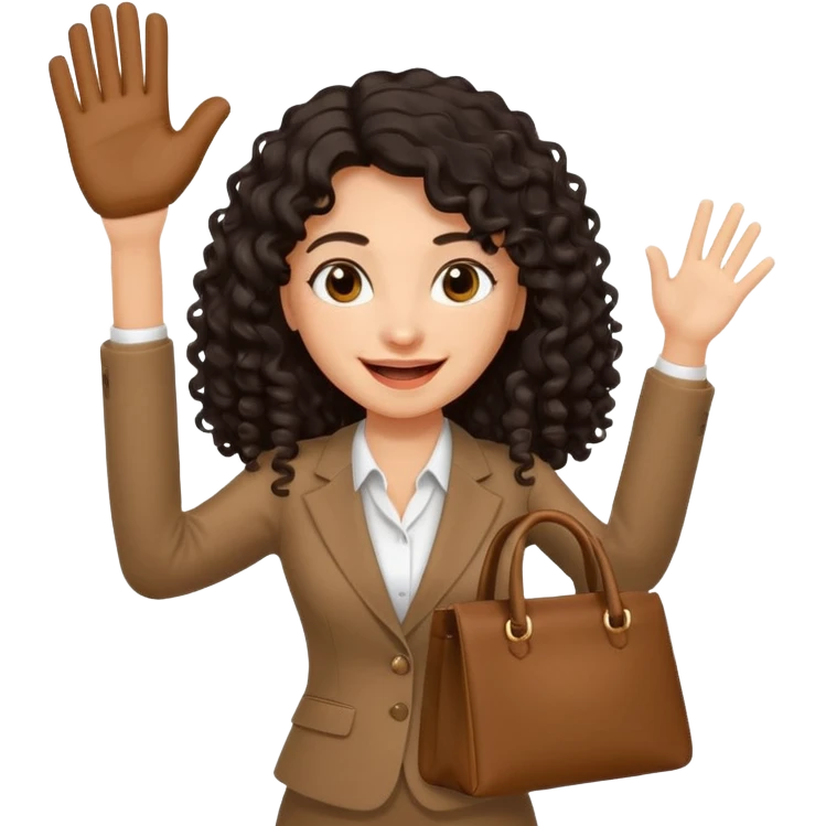 medium deep tan brown business woman with long black curly hair, waving hand with happy face with smile mouth and carrying bag on her shoulder emoji