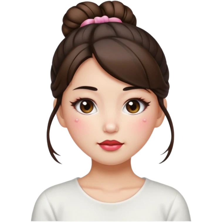 “japanese style Emoji brunette girl hair in bun white top, dewy skin, heavy blush across cheeks and nose bridge, glossy cherry lips, soft eyeliner, teary sparkling eyes emoji