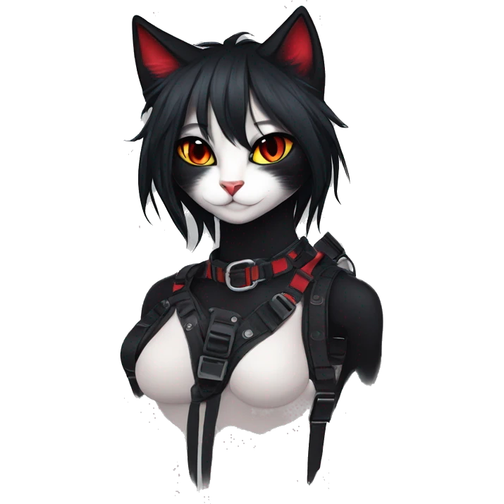 Anthro Edgy Cool Beautiful Black Cat-Fursona with Emo Hair-bangs with Red Streaks Chest Harness emoji