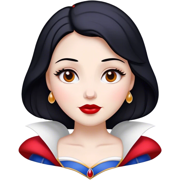 Cinematic Majestic Snow White Portrait Emoji, rendered in a clean, vector-style with bold, simplified shapes. Show Snow White with a serene, noble expression, radiant porcelain skin, and elegantly styled raven hair accented with subtle red highlights, her attire simple yet refined. The design radiates a majestic, pure glow with high shine and a soft glowing outline, embodying classic royal beauty. emoji