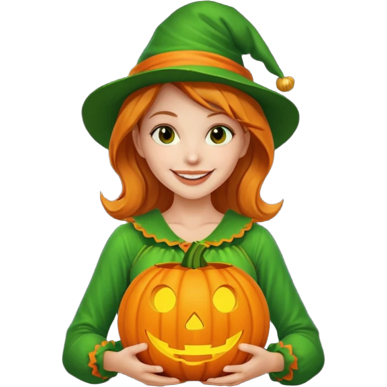 Woman Hunter With Jack o Lantern, wearing green costume emoji